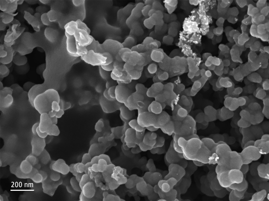 Surface of an uncoated polymer electrolyte fuel cell, microporous layer with carbon nanoparticles agglomerated with binder and platinum nanoparticles with a diameter <10 nm. 