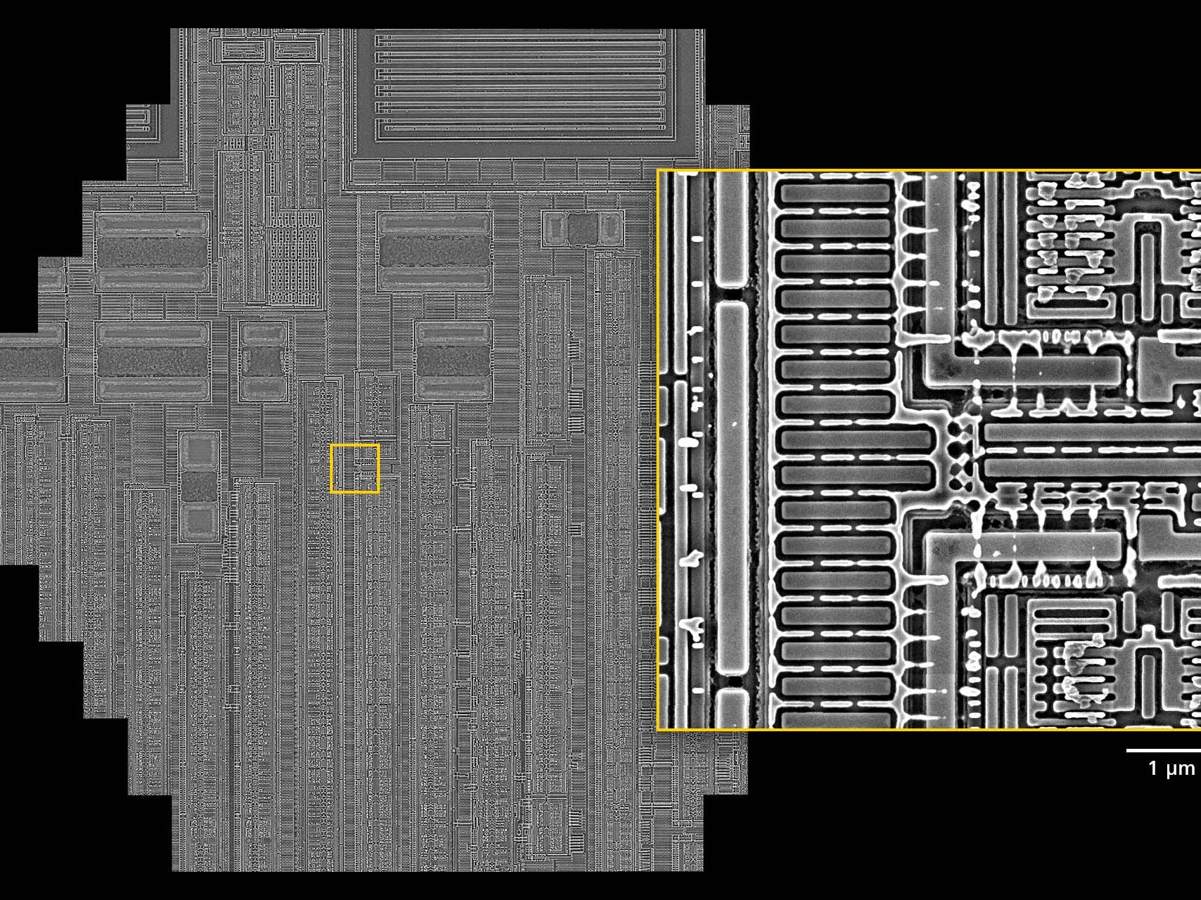 Deprocessed and polished integrated circuit, image acquired in 1.5 s with a MultiSEM 706 covering a hexagonal field of view of 132 μm × 114 μm. Sample courtesy of C. Pawlowicz, TechInsights, Ontario, Canada.