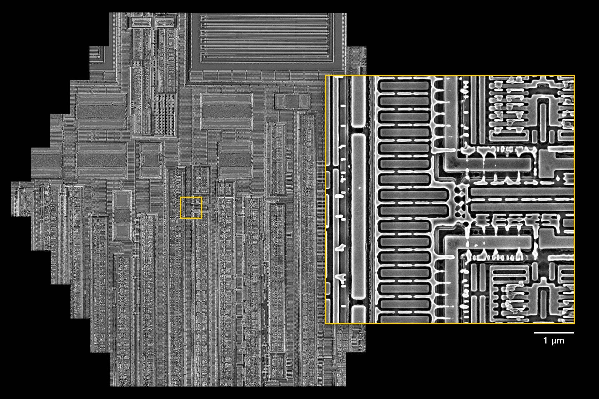 Deprocessed and polished integrated circuit, image acquired in 1.5 s with a MultiSEM 706 covering a hexagonal field of view of 132 μm × 114 μm. Sample courtesy of C. Pawlowicz, TechInsights, Ontario, Canada.