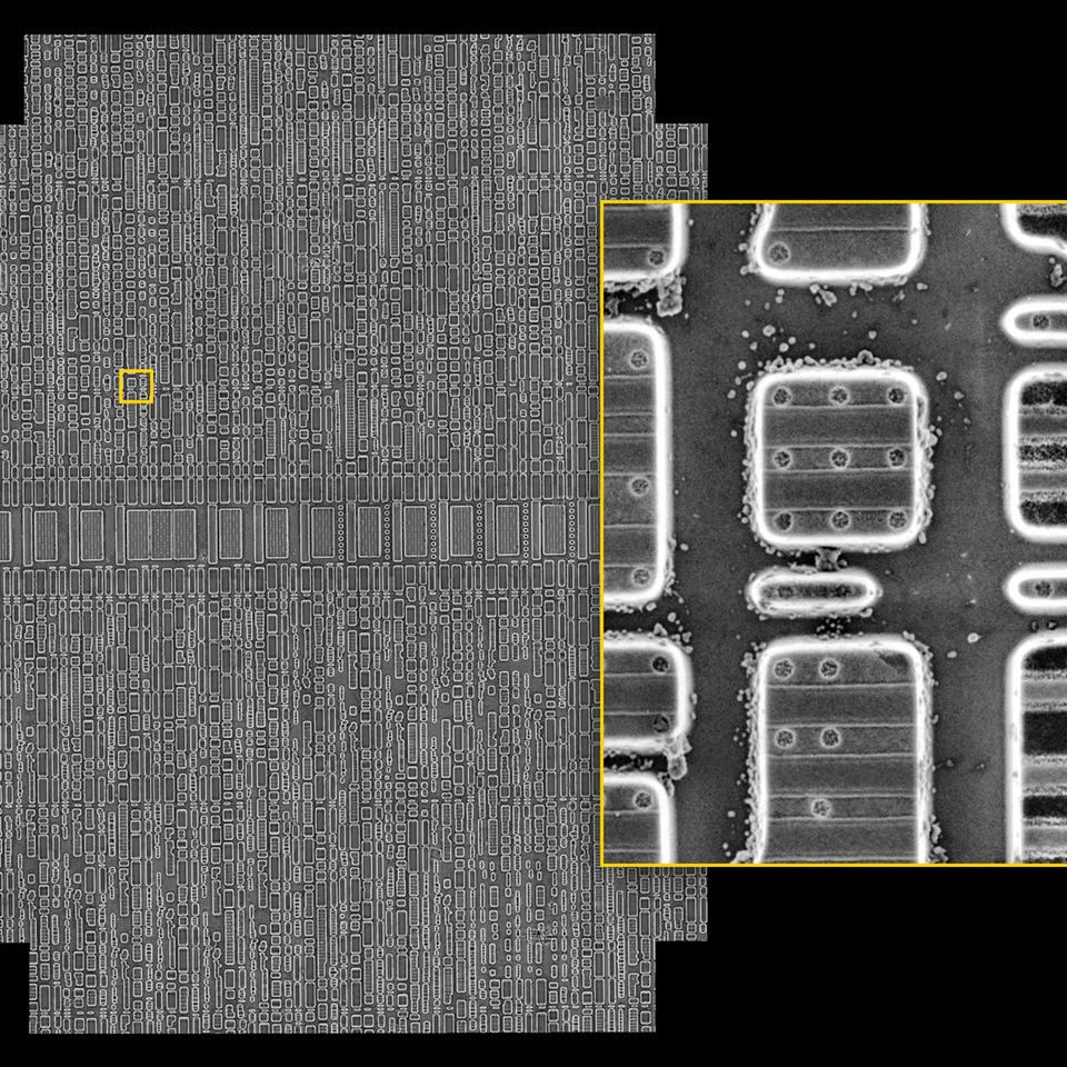 65 nm technology node graphics processor integrated circuit, stripped to its silicon substrate with HF acid etching.