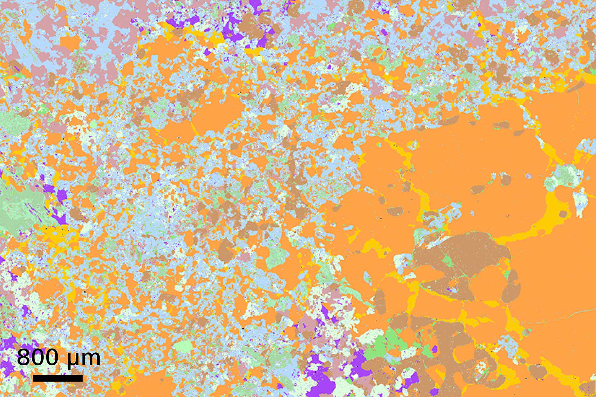 Mineral de sulfuro de níquel. Mapa EDS de minerales con Mineralogic, anchura de la imagen 3,1 mm. Muestra: cortesía de la Universidad de Leicester, Reino Unido.