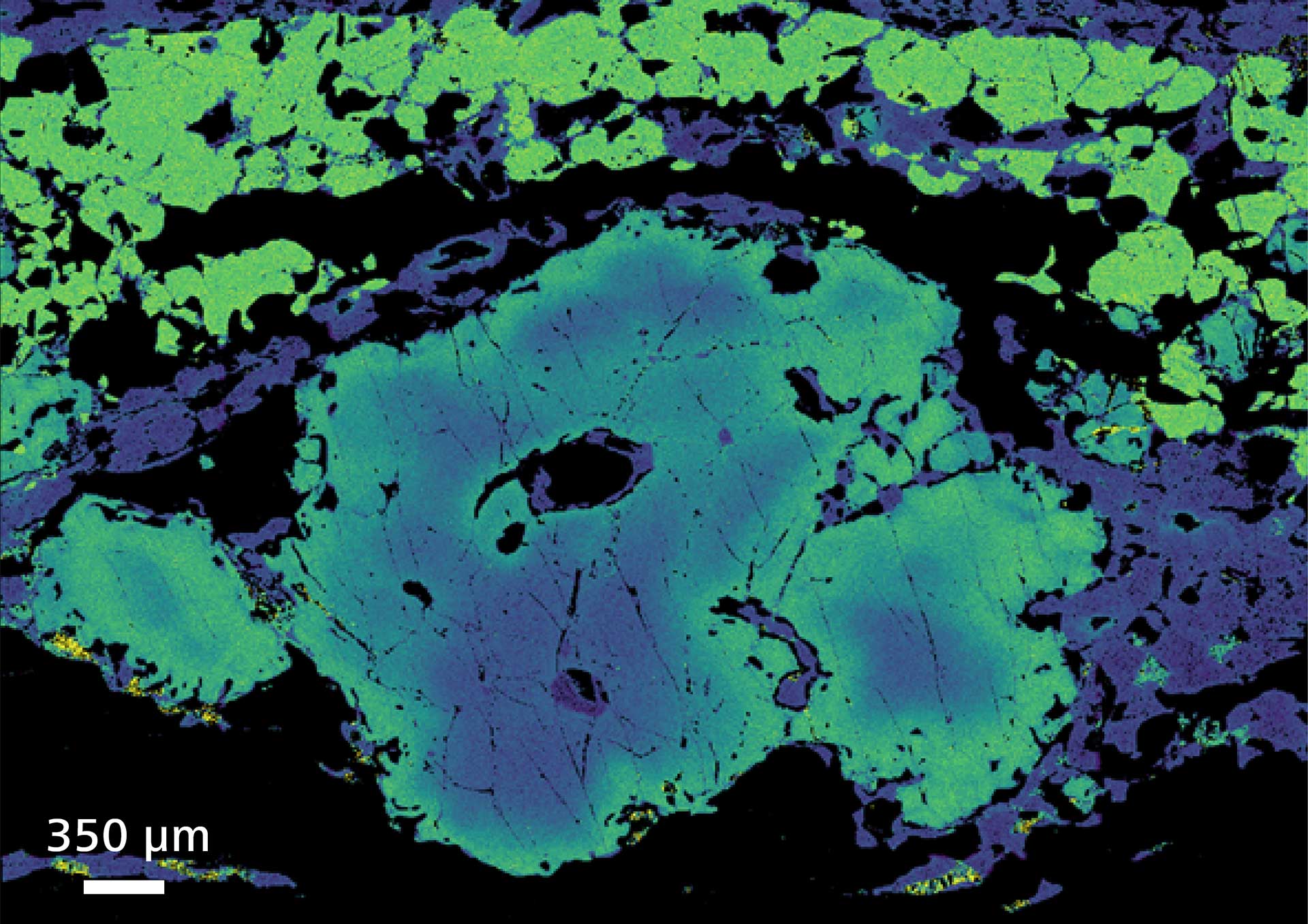 Quantitative EDS major element heatmap (Ca) of garnet-bearing gneiss highlighting geochemical zoning within key minerals.