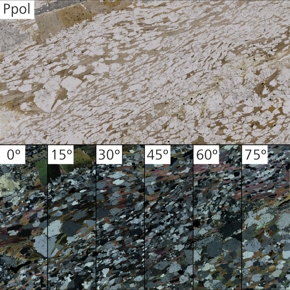 Full thin-section polarization images. This kyanite-bearing schist has been imaged as part of a digital thin section collection.