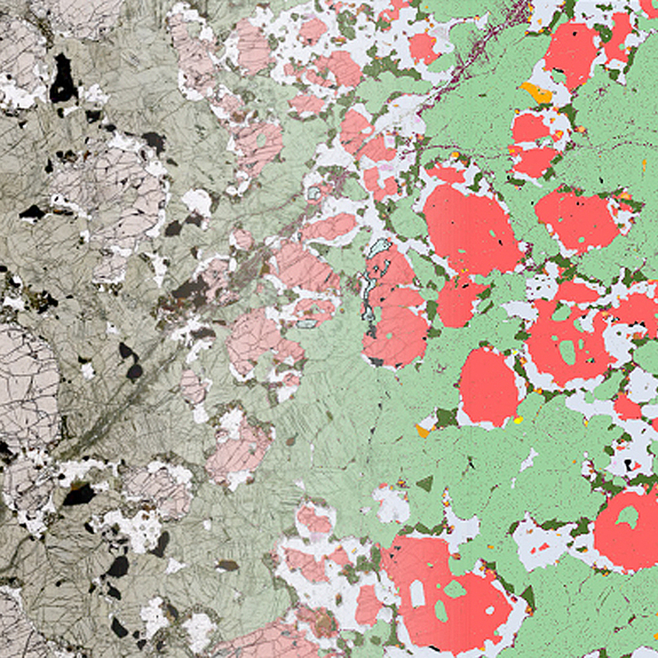 Use ZEN Connect para crear de forma intuitiva proyectos correlativos que arranquen en el entorno de microscopía óptica rica en datos de ZEISS Axioscan 7. Aquí, la información adicional geoquímica y de fase de ZEISS Mineralogic es el siguiente paso en una investigación petrológica. La muestra representada es un metagabro con facies granulítica de Scouriemore, en el noroeste de Escocia.