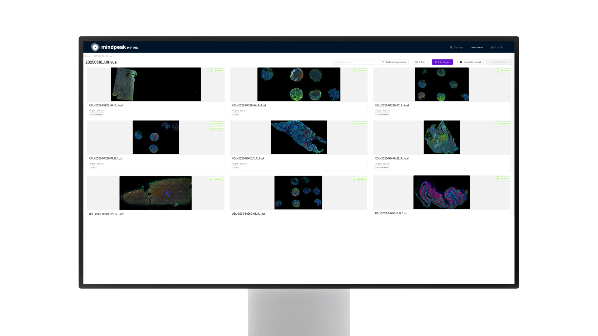 Screenshot of a Mindpeak landing page with a ZEISS projects overview