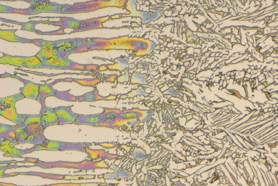 Varying sizes of austenite and ferrite grains in the vicinity of a weld in duplex stainless steel.