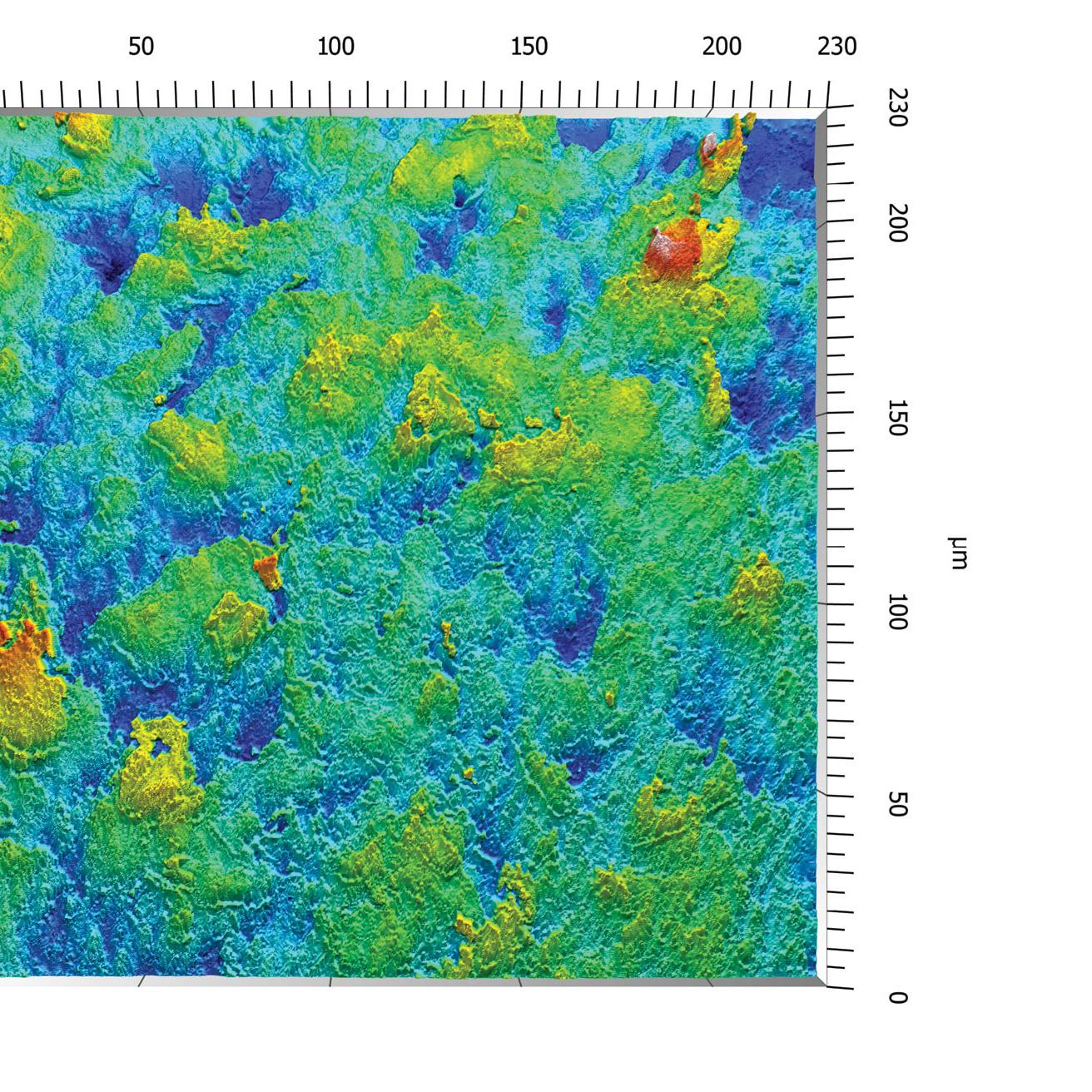 Superficie de cerámica. Mapa de alturas codificado por colores.​