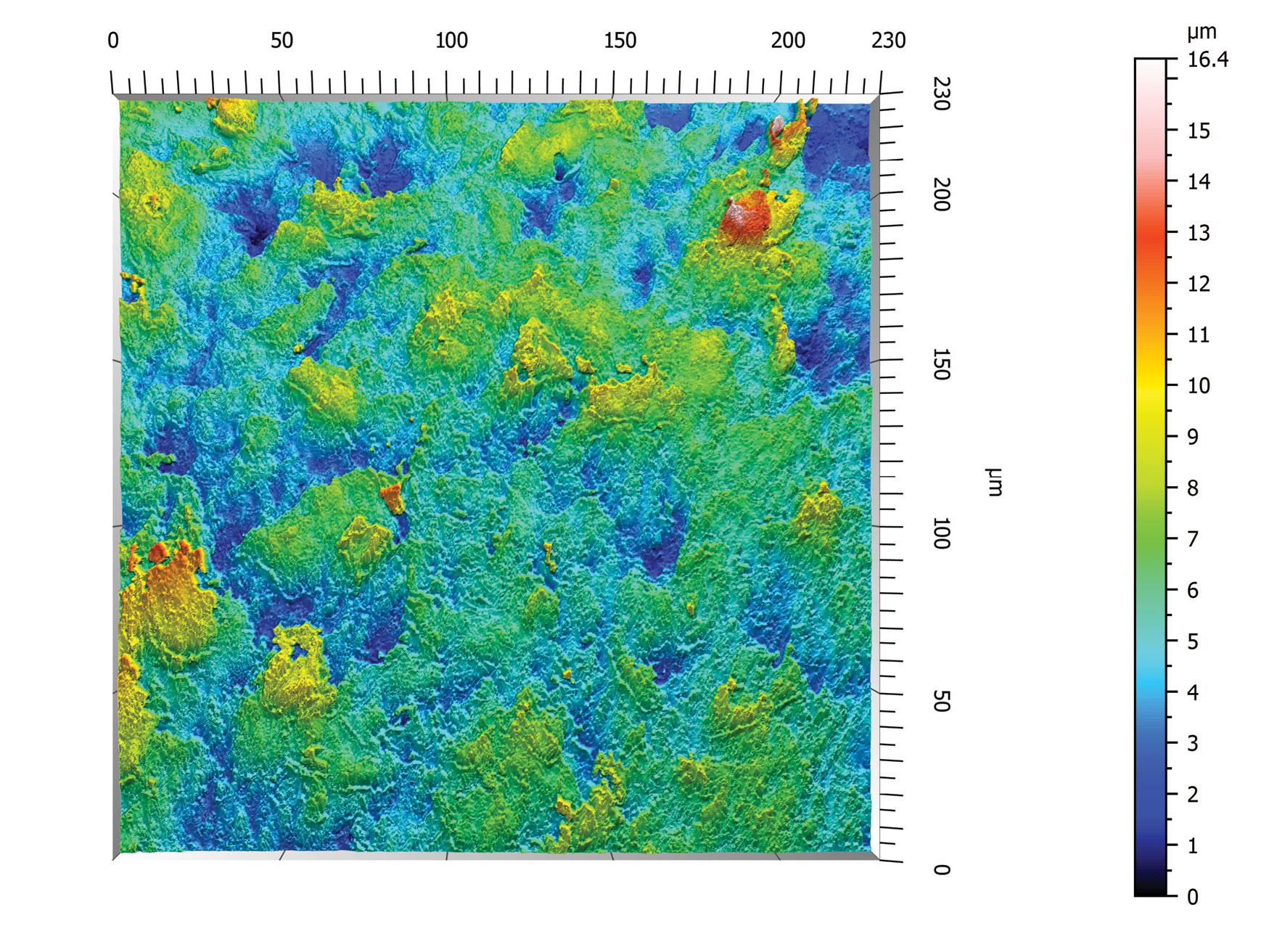 Superficie de cerámica. Mapa de alturas codificado por colores.​