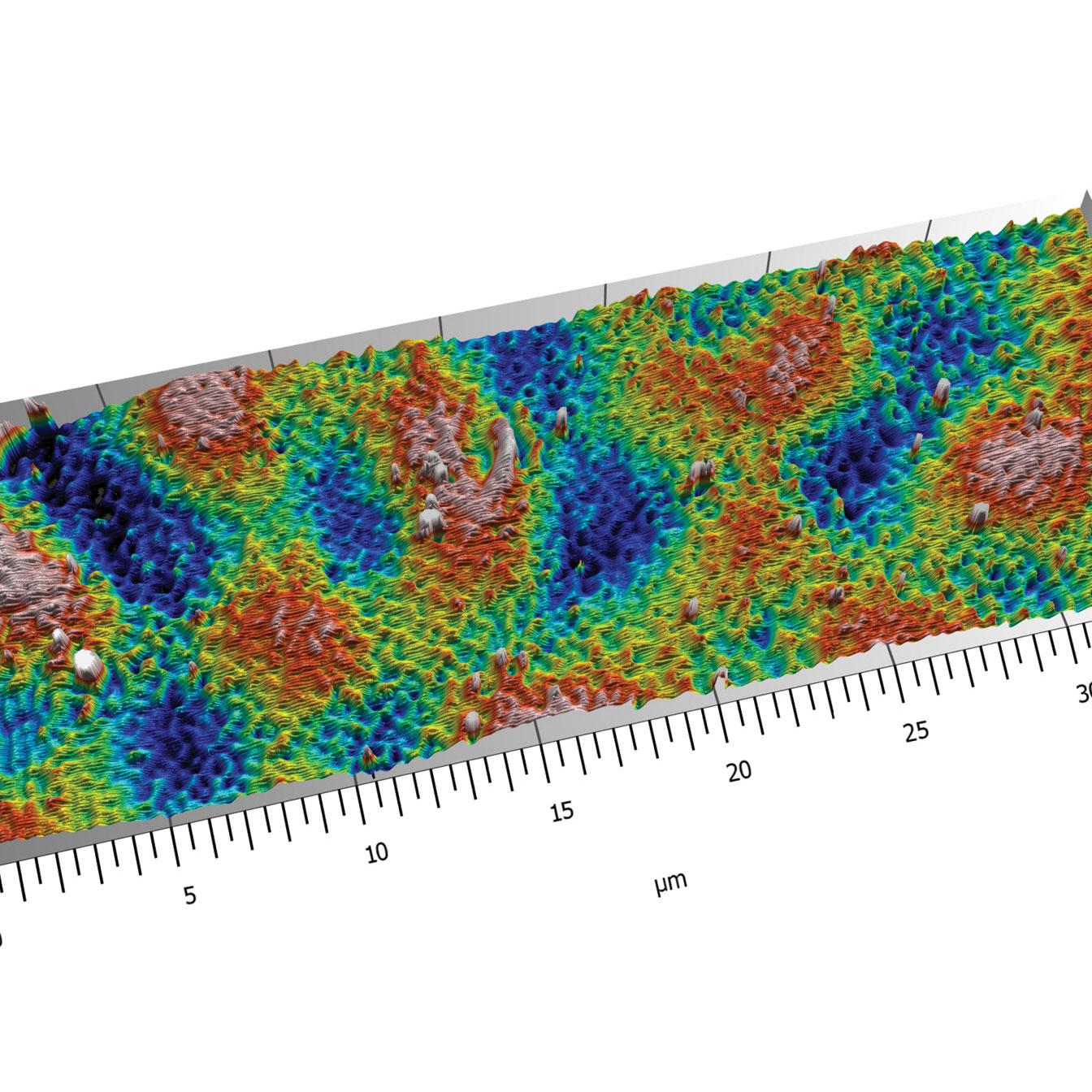 Farbkodierte 3D-Ansicht eines diffraktiven, optischen Elements in einem Dokument, gängige Verwendung als Sicherheitsmerkmal.