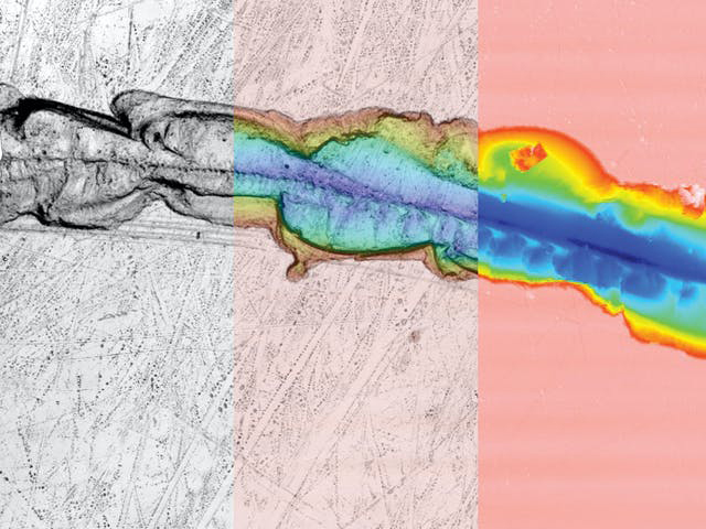 Análisis de fallos en teléfono móvil, imagen de textura, superposición, mapa de alturas codificado por colores (de izquierda a derecha).​