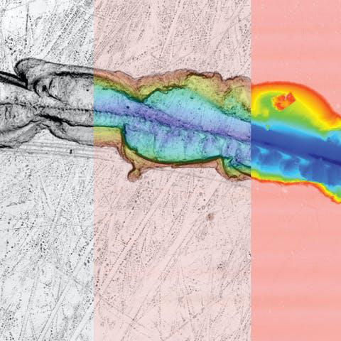 Análisis de fallos en teléfono móvil, imagen de textura, superposición, mapa de alturas codificado por colores (de izquierda a derecha).​