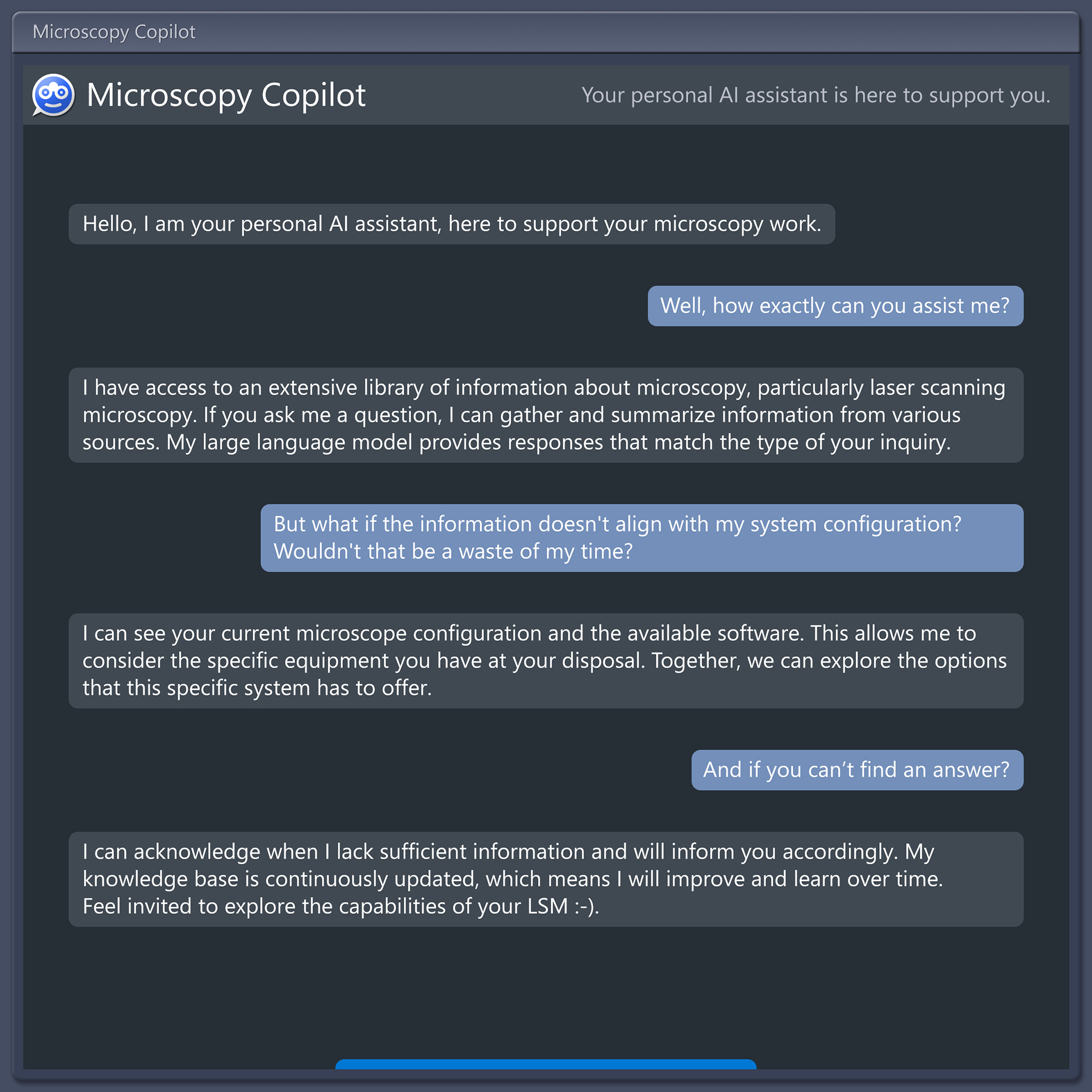 Capture d'écran d'une conversation entre l'assistant IA Microscopy Copilot et l'utilisateur