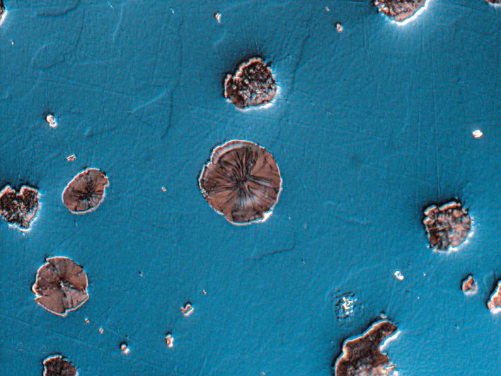 Hierro fundido con grafito esferulítico, muestra pulida, mismo sitio idéntico captado con diferentes técnicas de contraste (campo de visión de 265 µm). Contraste de interferencia diferencial circular (C-DIC)​