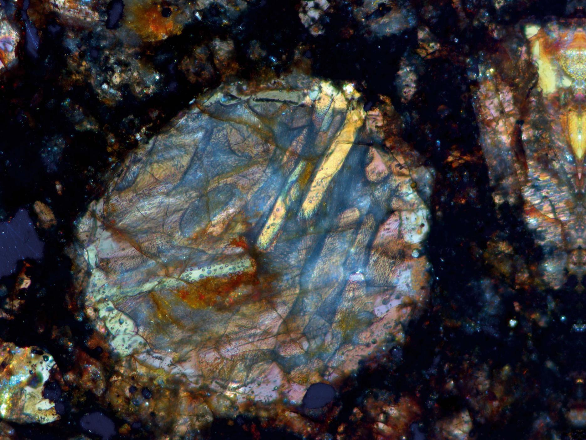 Balkenolivin-Chondre – Auflicht – Polarisation. Objektiv: EC Epiplan-NEOFLUAR 10×/0,25 Pol​