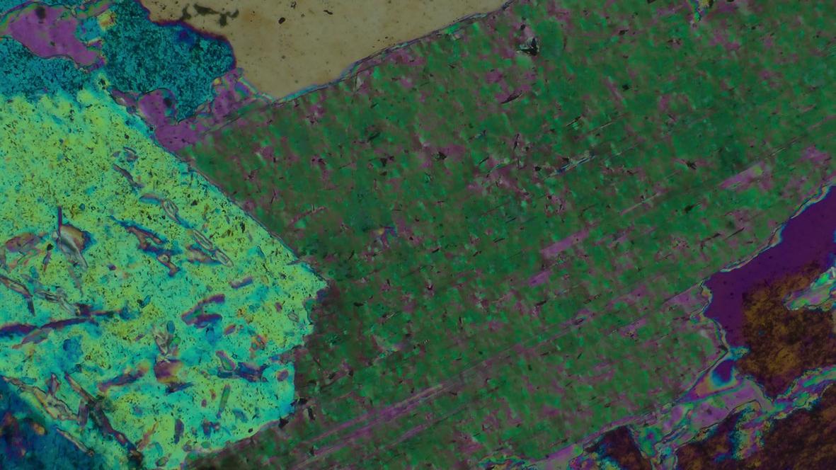 Biotite inside granite, transmitted light, crossed polarizers with lambda plate, EC Plan-NEOFLUAR 10×/0.3 Pol