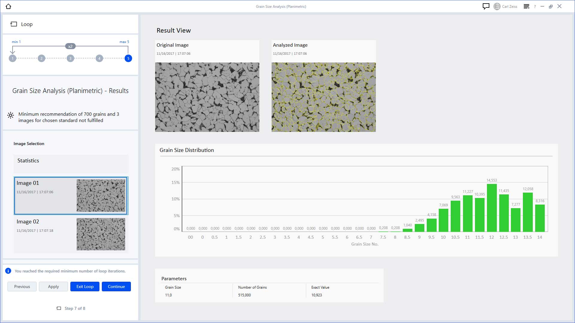 Planimetric Grain Size Analysis - result view