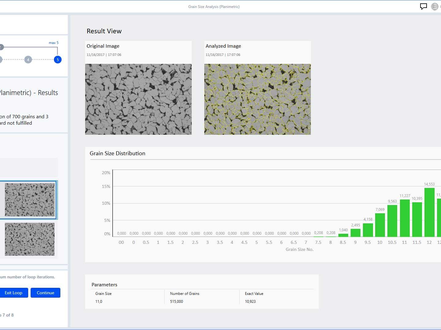 Planimetric Grain Size Analysis - result view