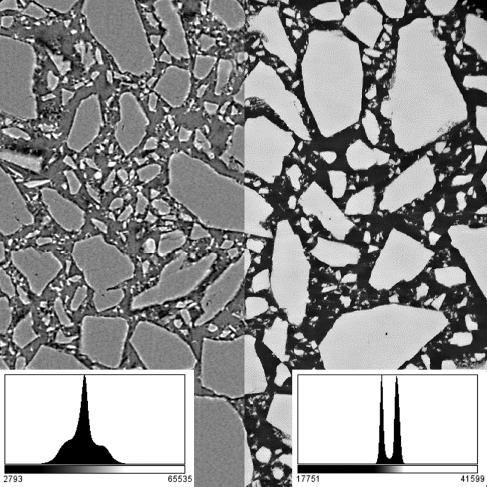 Pharmazeutische Probe, bestehend aus großen Lactose-Partikeln als Trägermaterial und kleineren Partikeln (&lt; 1 µm) aktiver pharmazeutischer Inhaltsstoffe (API). Linkes Bild: FDK-Standardrekonstruktion; rechtes Bild: Rekonstruktion mit PhaseEvolve