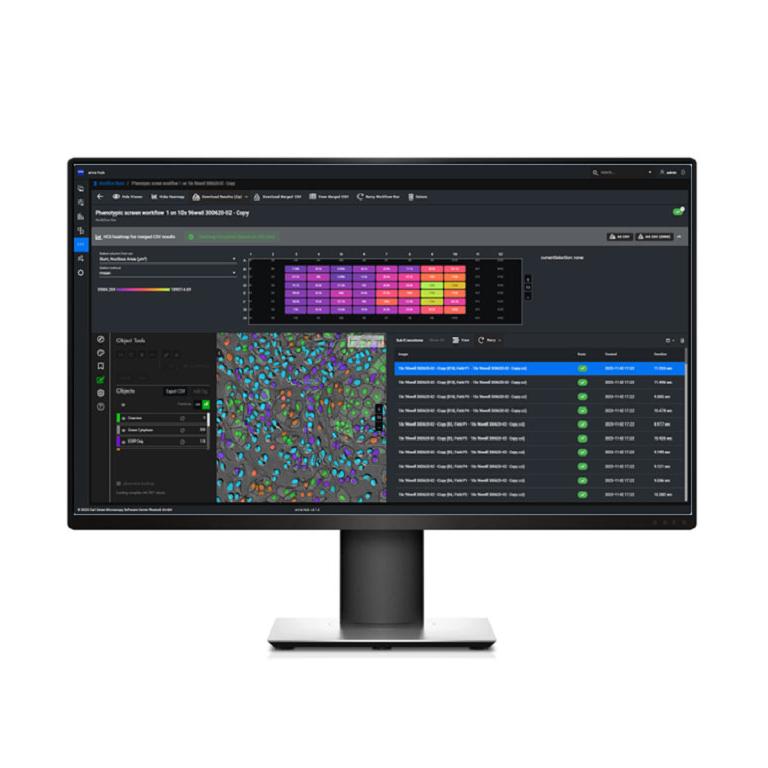 Desktop monitor showing a screen of the ZEISS arivis Hub with analysis results of well plate - phenotypic screening, including segmentation results.
