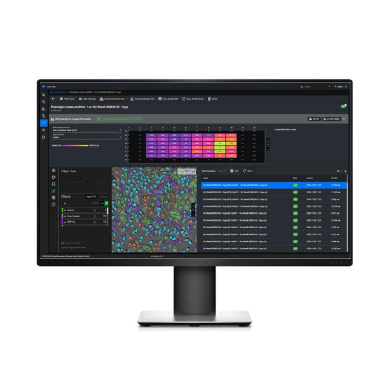 Desktop monitor showing a screen of the ZEISS arivis Hub with analysis results of well plate - phenotypic screening, including segmentation results.