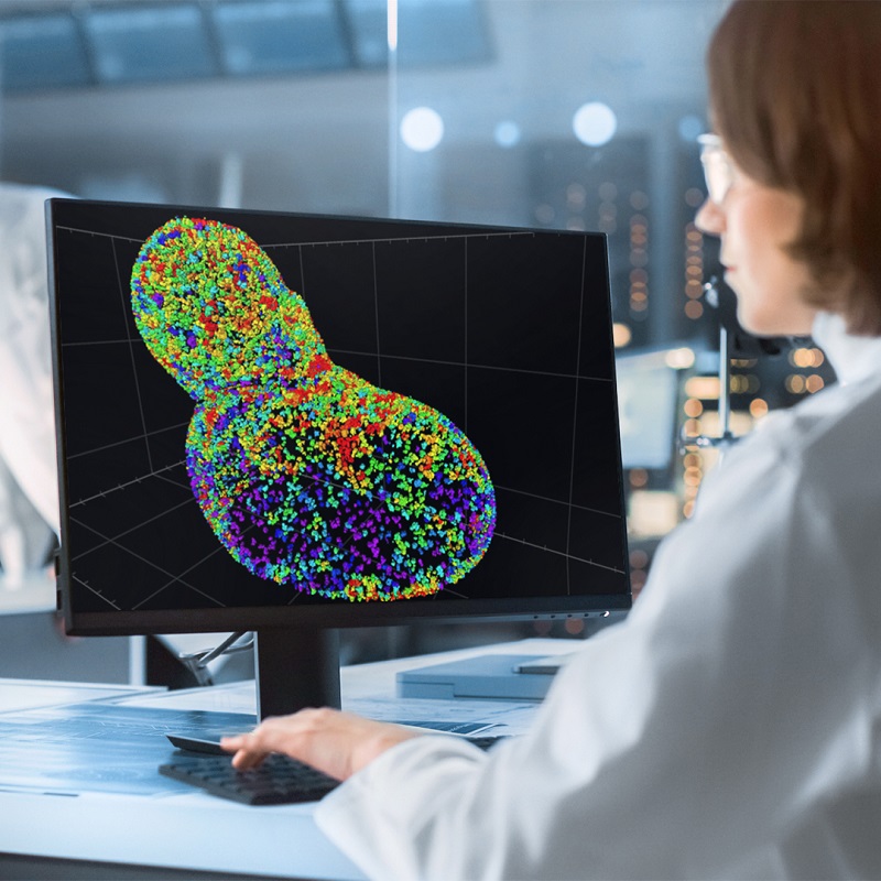 A female scientist who works in a microscopy lab is looking at a desktop monitor showing a screen of the ZEISS arivis Pro software with analysis results of nuclear pore complexes of FIB-SEM volume electron microscopy data. Two other scientists are in the background.