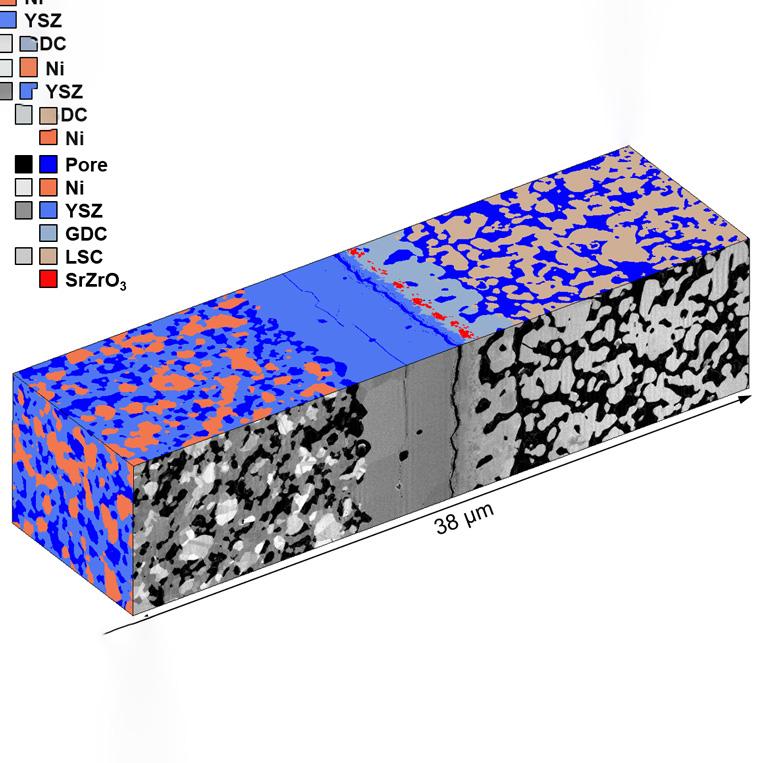 Pila de electrólisis de óxido sólido, cambios tras un ciclo, tomograma en 3D, imágenes y datos EDS en 3D, FIB-SEM de ZEISS, Atlas Analytics. Muestra cortesía de: M. Cantoni, EPFL, CH.