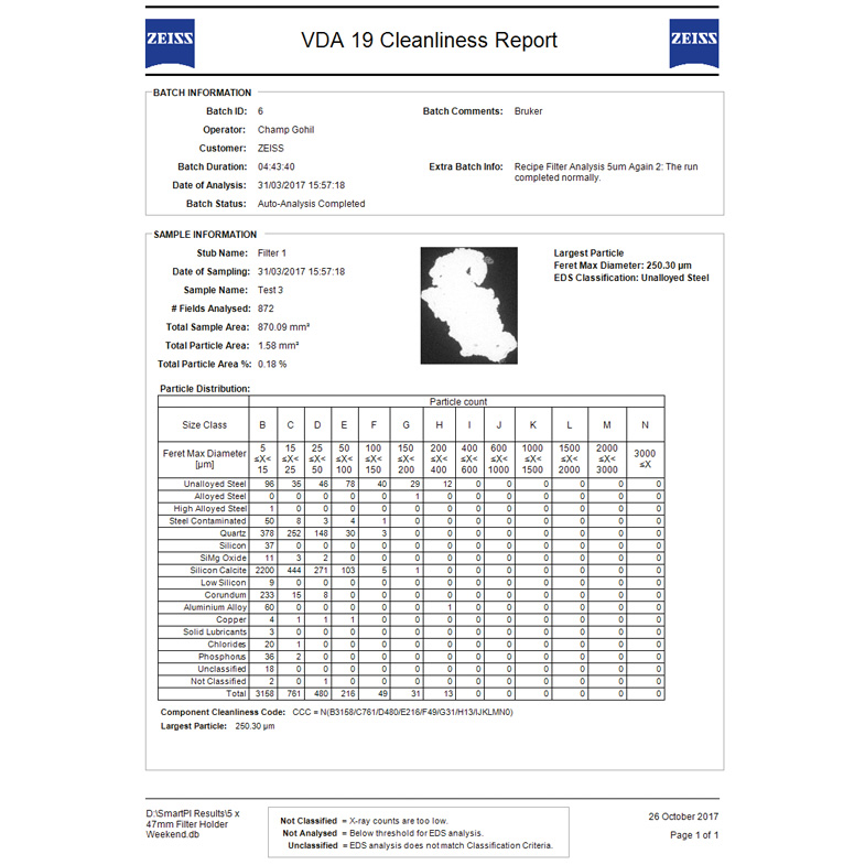 SmartPI Reporter中生成的VDA 19清洁度报告