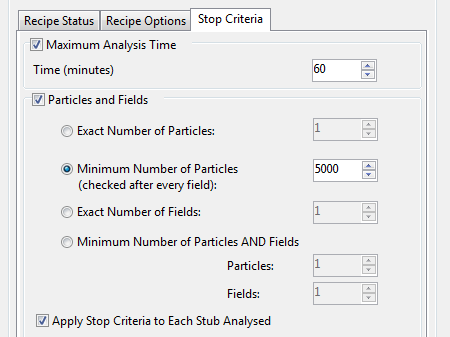 Page de configuration des critères d'arrêt 