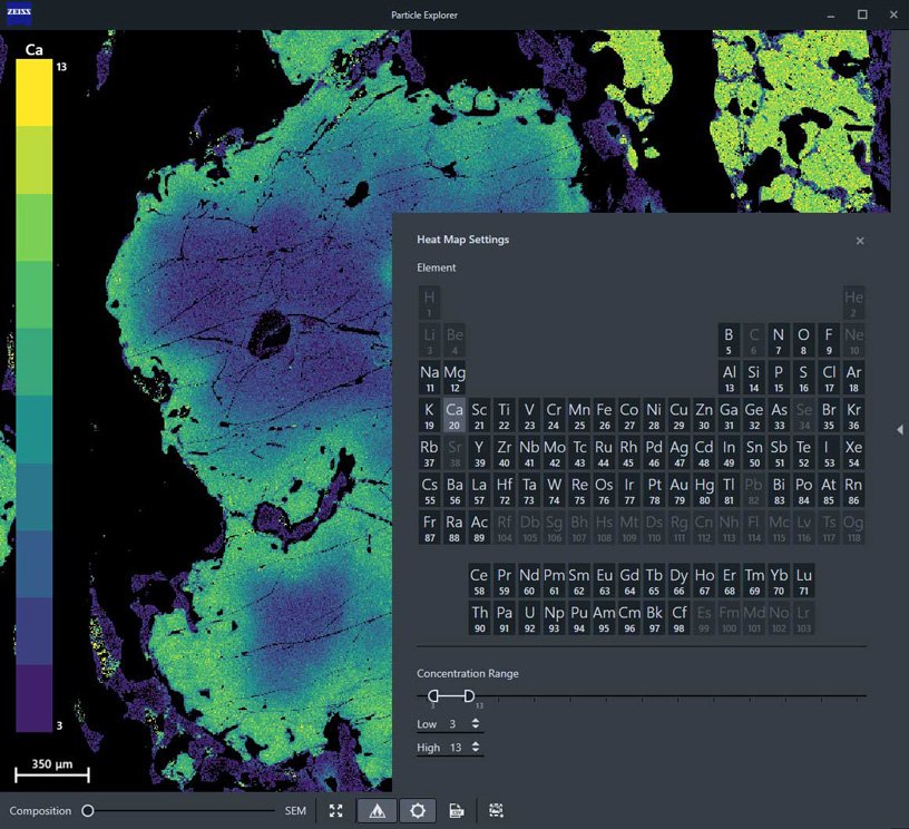 Mapa cuantitativo de Ca de EDS de una sección fina de gneis formado por cataclasis de la región escocesa de Glenelg. Esta muestra ejemplifica la evolución de la roca a una presión más elevada mediante la zonificación del granate mineral; captura de imagen con un tamaño de paso de píxel de 5 μm. La interfaz del visualizador de partículas grandes (LPV) puede observarse con el elemento Ca seleccionado en la tabla periódica y un rango de concentración definido en la herramienta de umbral. Con un solo clic podrá exportar la imagen que se observa en la pantalla con la leyenda asociada.