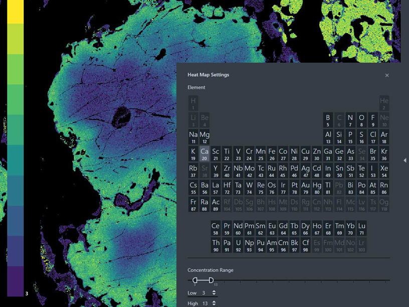 Mapa cuantitativo de Ca de EDS de una sección fina de gneis formado por cataclasis de la región escocesa de Glenelg. Esta muestra ejemplifica la evolución de la roca a una presión más elevada mediante la zonificación del granate mineral; captura de imagen con un tamaño de paso de píxel de 5 μm. La interfaz del visualizador de partículas grandes (LPV) puede observarse con el elemento Ca seleccionado en la tabla periódica y un rango de concentración definido en la herramienta de umbral. Con un solo clic podrá exportar la imagen que se observa en la pantalla con la leyenda asociada.