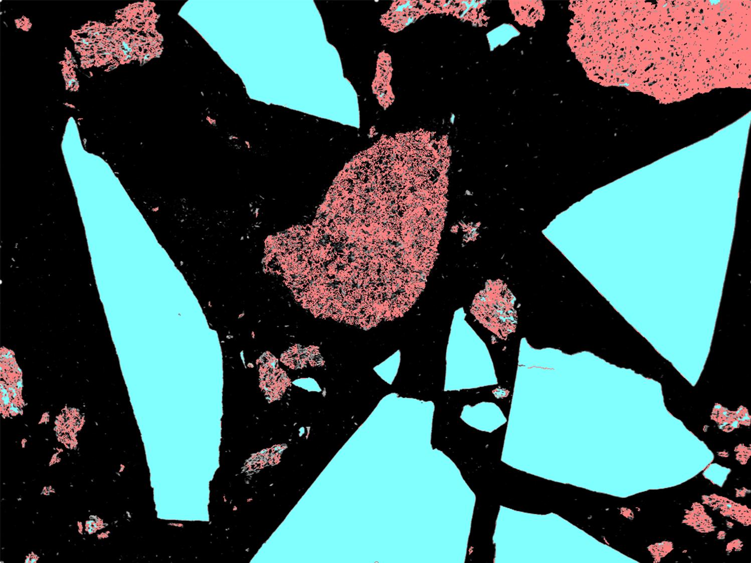 Mineralogic 2D analysis of an iron ore sample containing both vitreous (cyan) and ochreous (salmon) goethite.