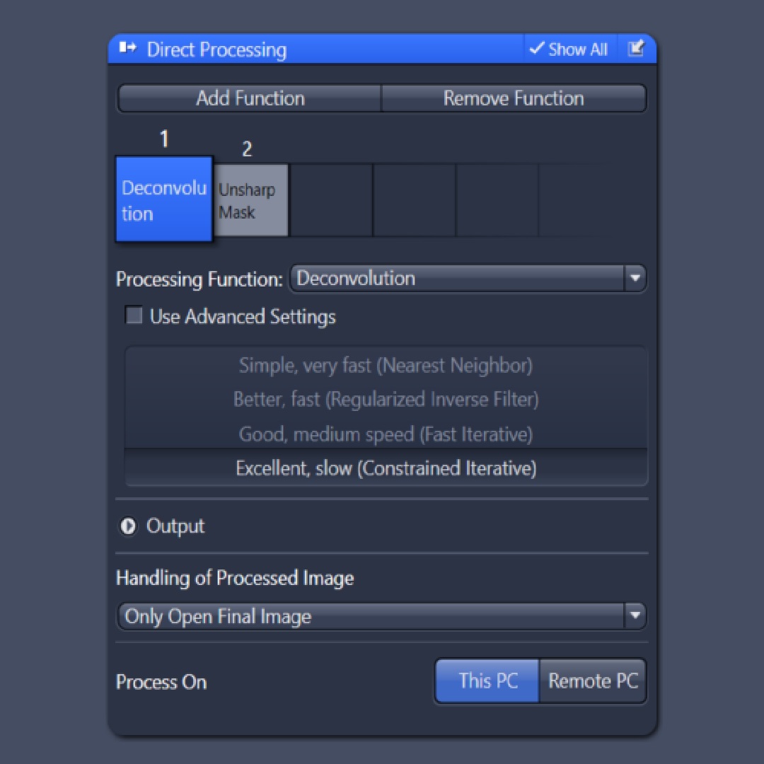 Direct Processing function user interface in the ZEN software