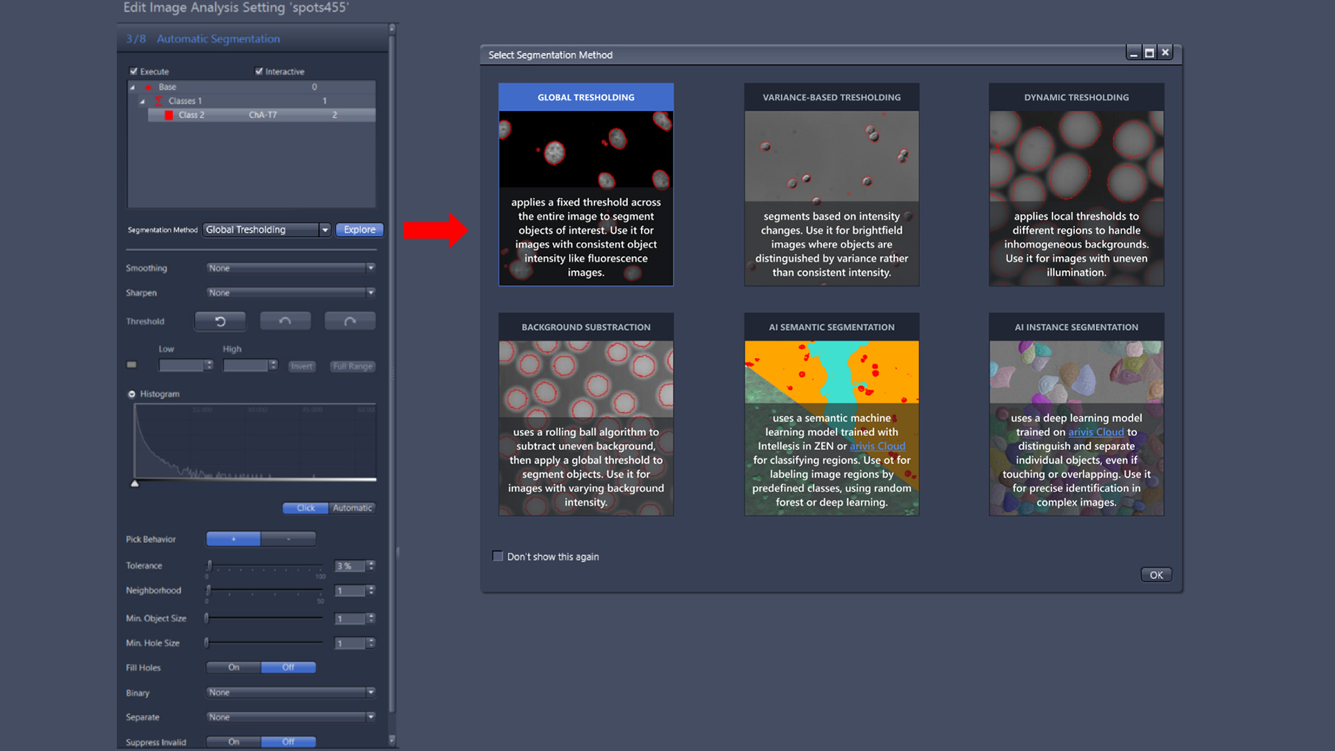 Screenshot of ZEN software interface, showcasing an improved interface for selecting segmentation options, with enhanced visual examples and explanations for each option.
