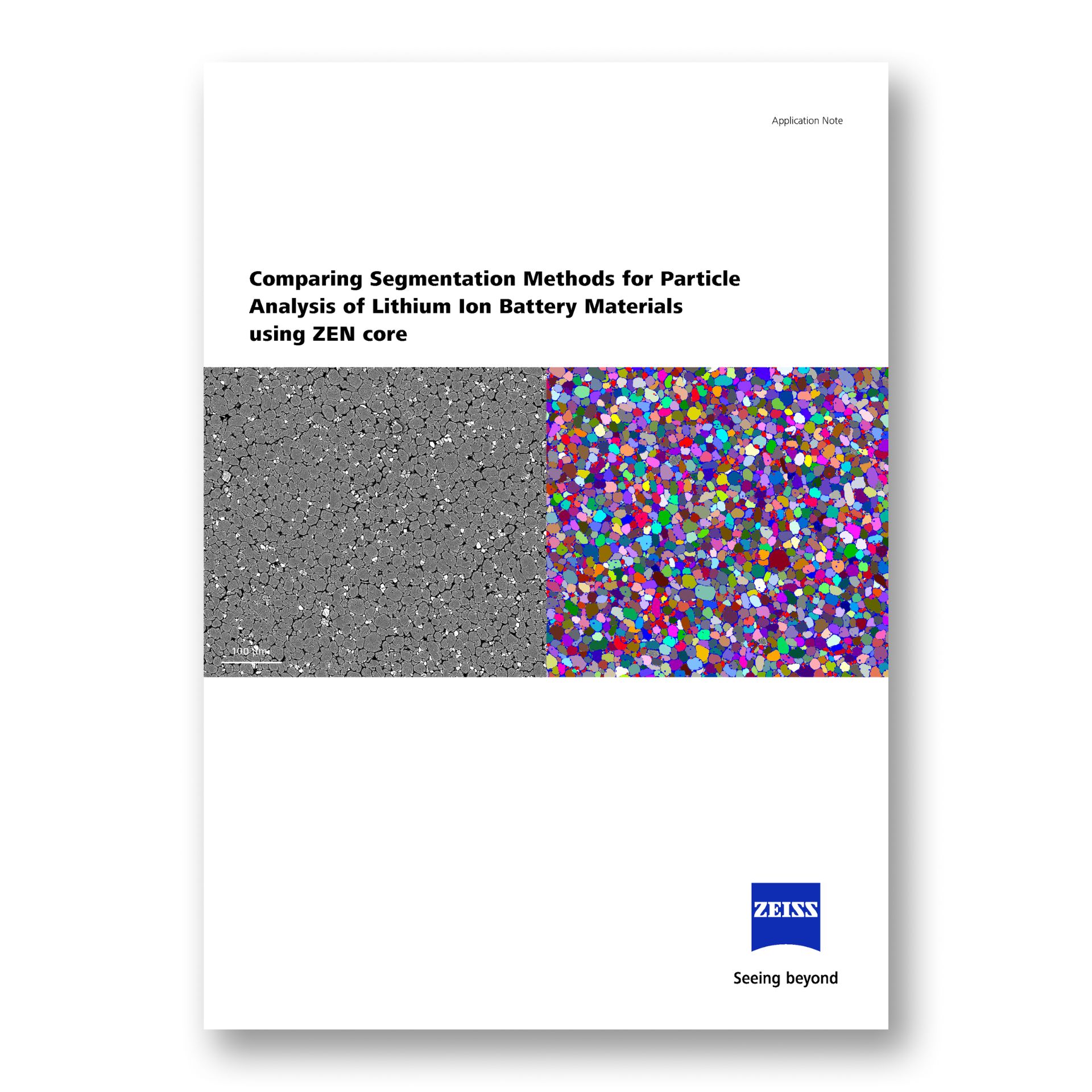 Cover page preview of the white paper 'Comparing Segmentation Methods for Particle Analysis of Lithium Ion Battery Materials using ZEN core'