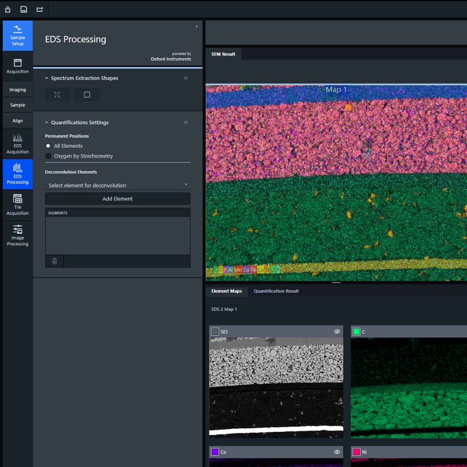 Benefit from the integration of image acquisition and EDS analysis. A single harmonized interface with EDS acquisition and processing workbenches lets you collect analytical data on your ZEISS SEM quickly and easily.