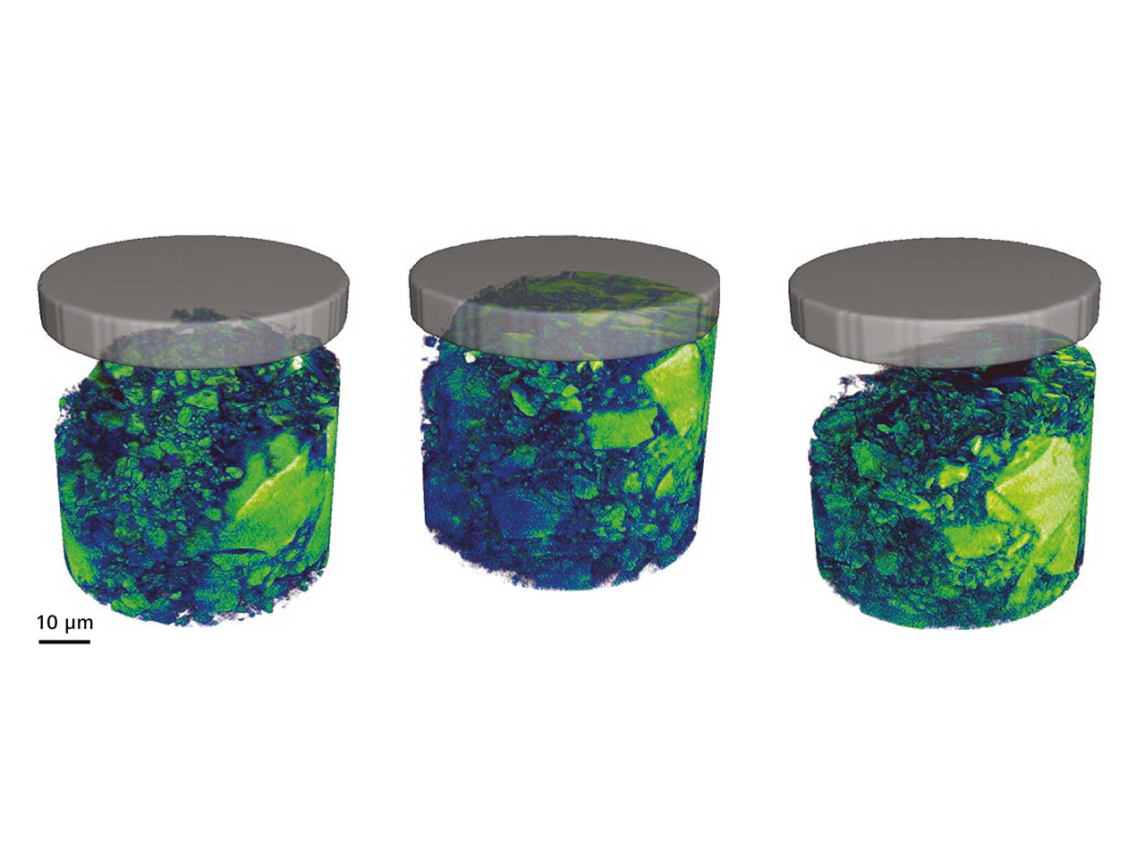 Elastomer in verschiedenen Kompressionsphasen während eines In-situ-Load-Stage-Experiments (links: unkomprimiert, Mitte: komprimiert, rechts: dekomprimiert). Abbildung mit Xradia 810 Ultra.