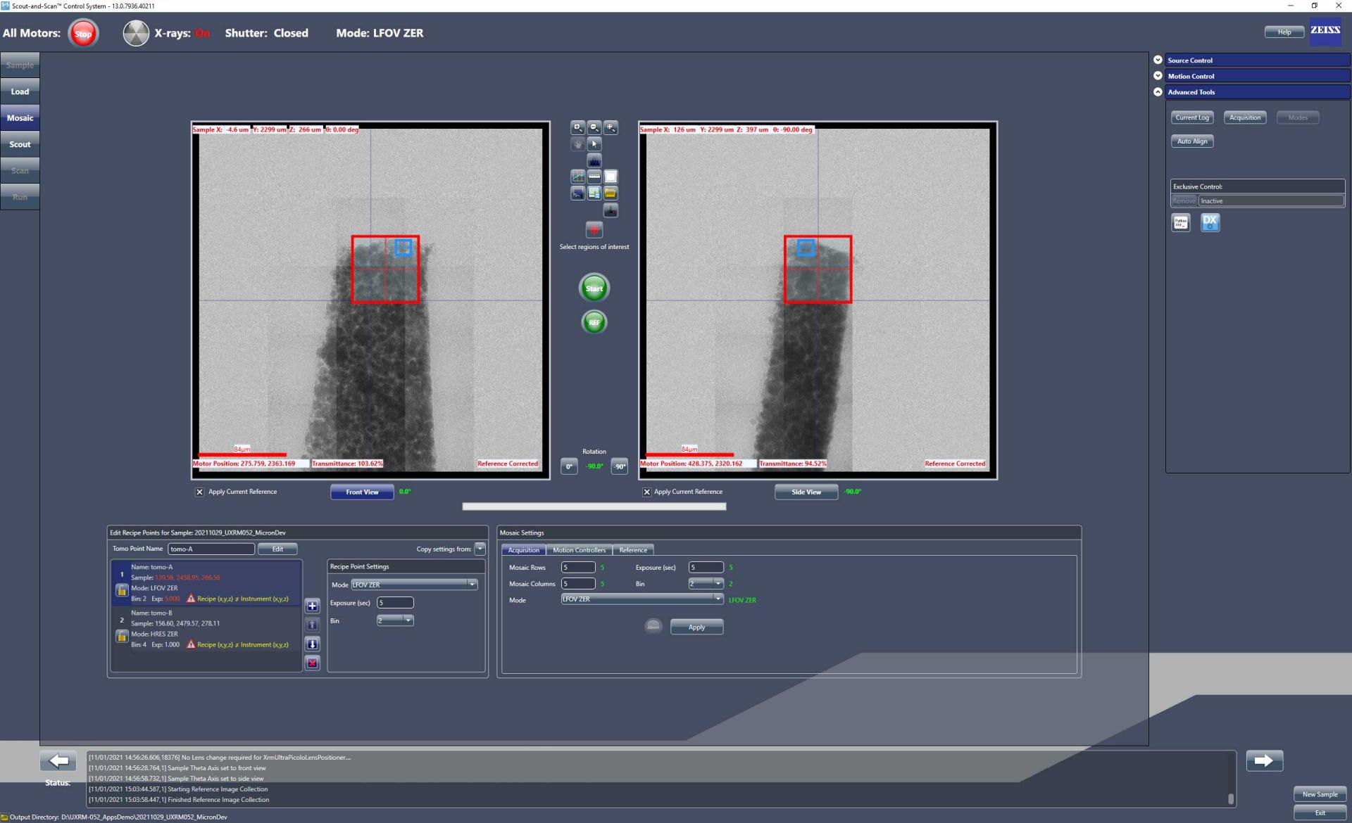 Xradia UltraのScout-and-Scan GUI Sandインターフェースのモザイク 