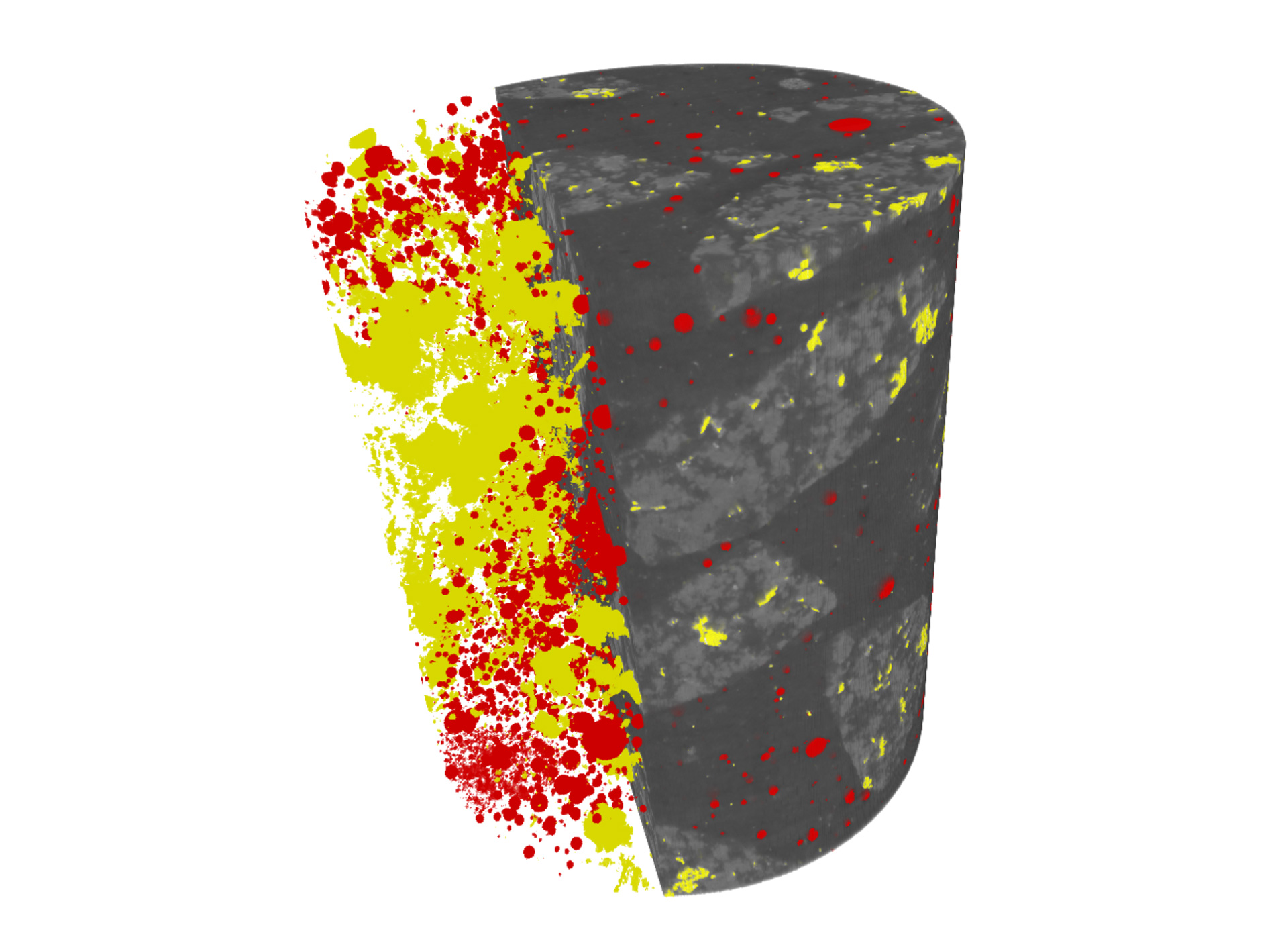 3D view shows segmentation of pores (red) and high-density minerals titanomagnetite and ilmenite (yellow) in chips of dolerite within the concrete.