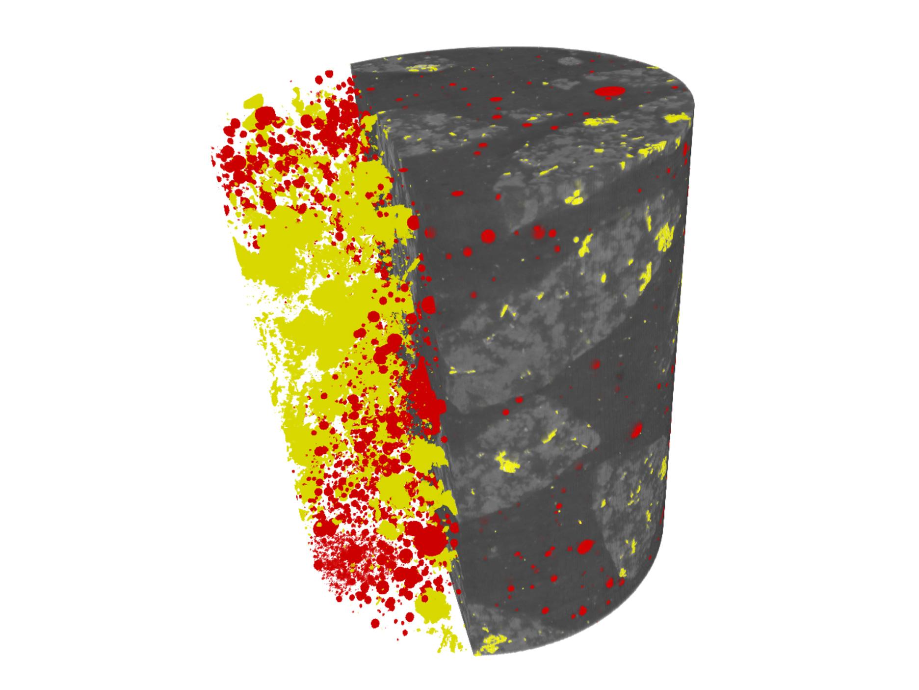 3D view shows segmentation of pores (red) and high-density minerals titanomagnetite and ilmenite (yellow) in chips of dolerite within the concrete.