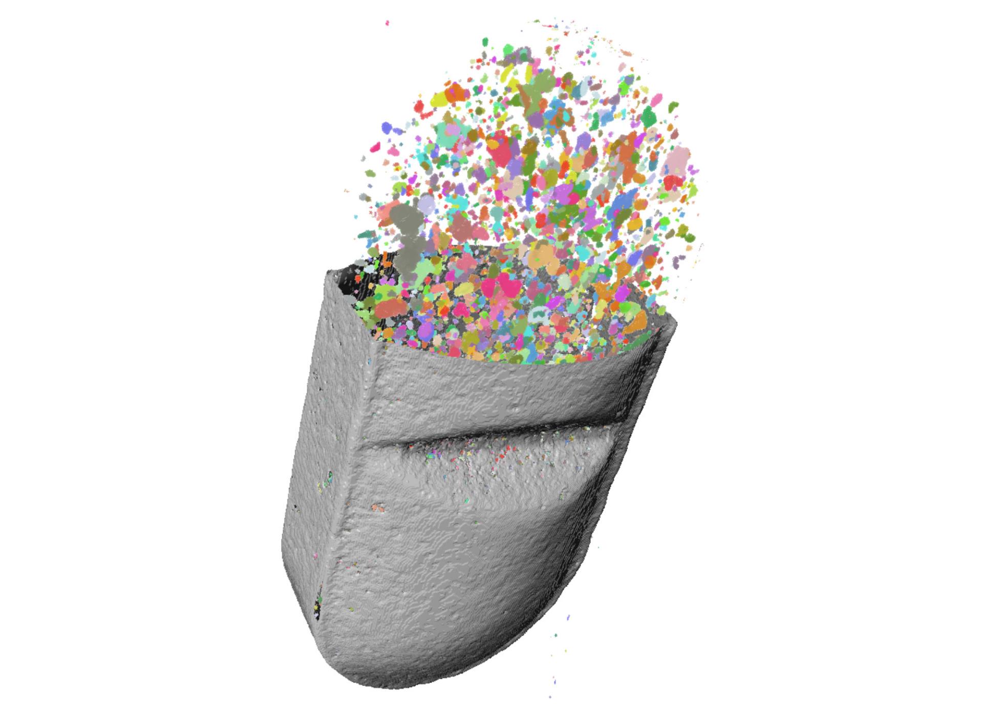 Segmented active ingredient particles in an antihistamine tablet. 