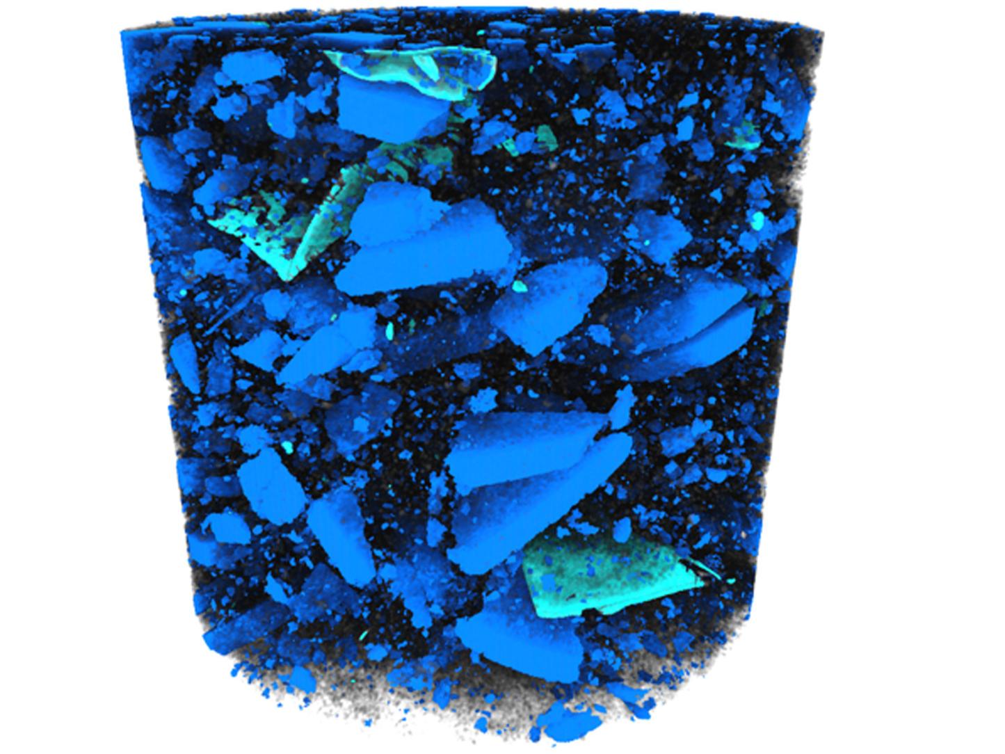3D volume of materials within black mass, a powder generated from the crushing & shredding of recycled batteries. Cathode particles (blue) and residual foils (turquoise) individually segmented using Mineralogic 3D for quantification and analyses.