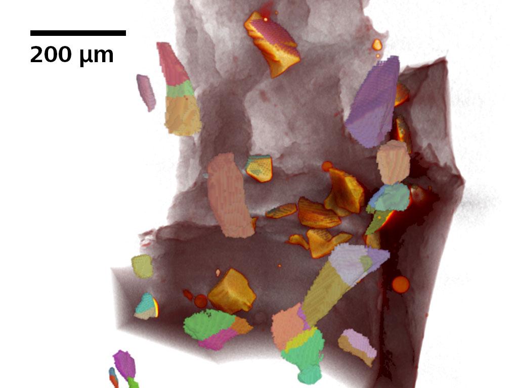Sous-cristaux individuels identifiés à l'aide de LabDCT Pro sur de l'olivine désagrégée.