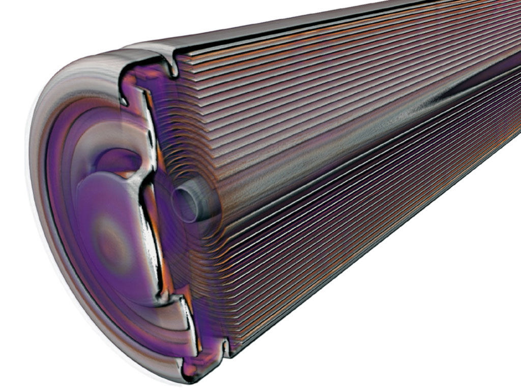Intact cylinder cell (160 kV) – welding burrs, metallic inclusions, folds and kinks in conductive layers.
