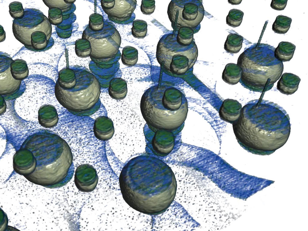 Visualization of C4 bumps, TSVs, and Cu-pillar micro bumps in a 2.5D package.