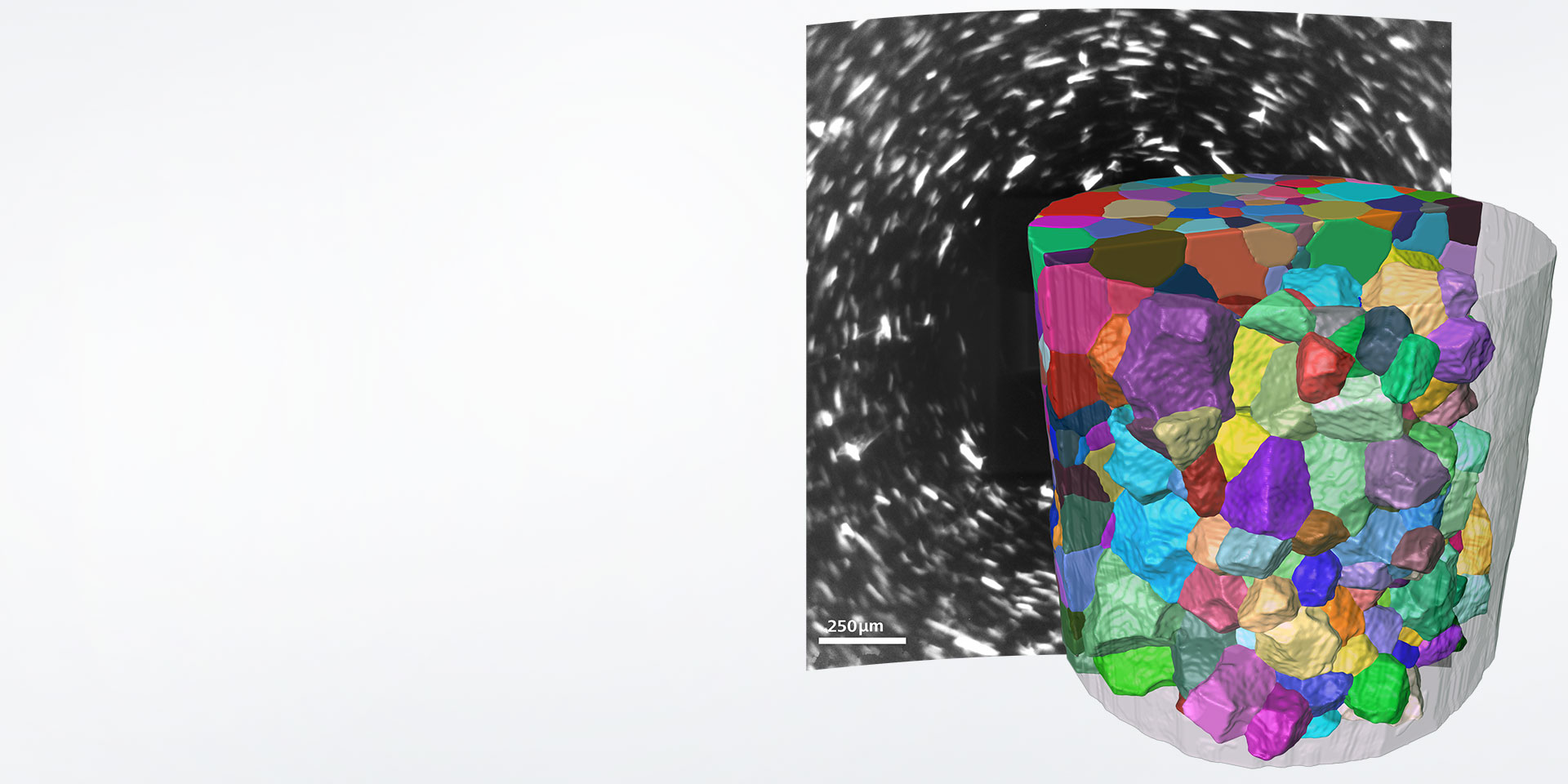  使用LabDCT采集的阿姆科铁晶粒微观结构的重构图像。根据晶粒取向为晶粒着色，重构图像显示真正的晶粒形状。背景显示LabDCT采集过程中收集的衍射图案示例。