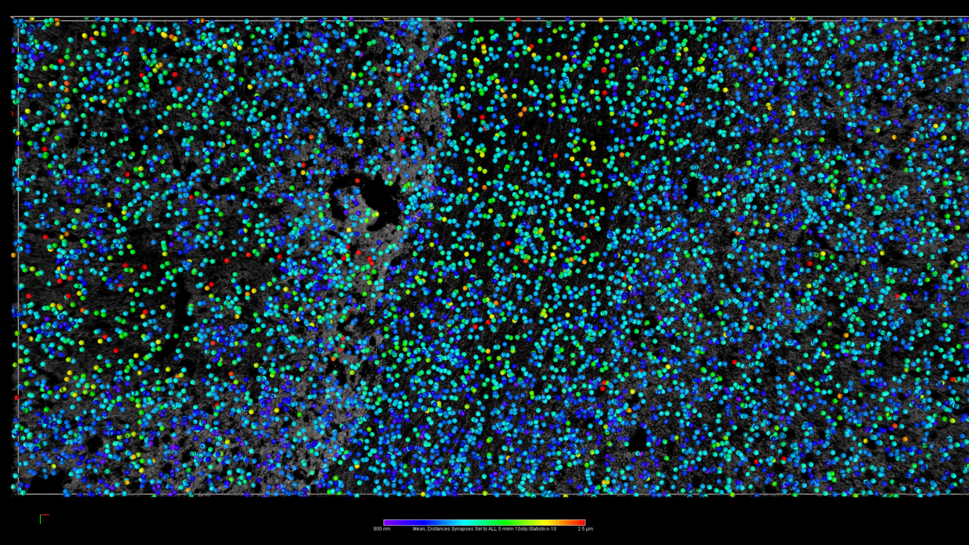 Figure 18: Synaptic density. Visual representation of the 10K randomly selected synapses, color-coded by their distance to their five closest neighbors from the total synaptic pool
