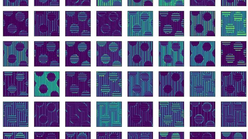 Grid of 64 square patterns with varying geometric designs in purple, green, and blue hues. The square Patterns represent Features obtained and learned from the Input Image in figure 1 using the second convolutional block of the VGG16 network pre-trained on the imagenet dataset. 