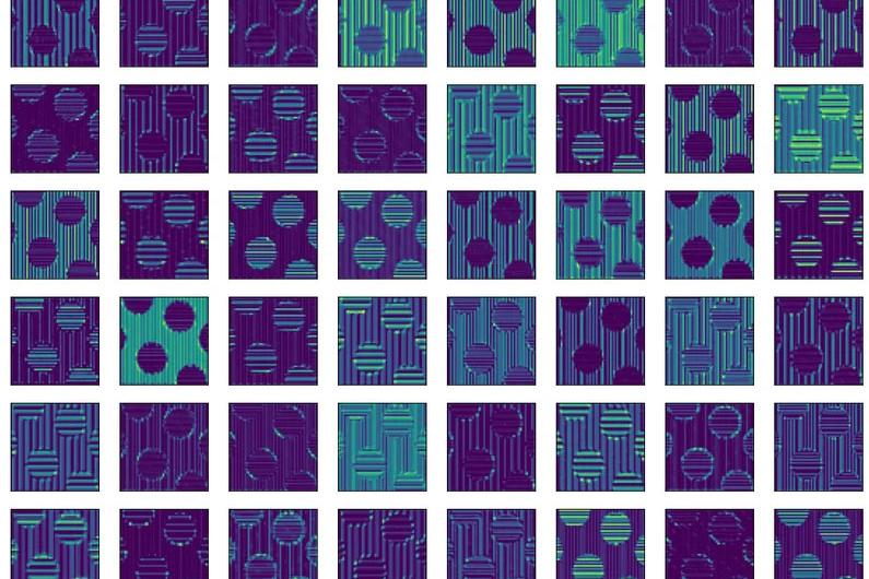 Grid of 64 square patterns with varying geometric designs in purple, green, and blue hues. The square Patterns represent Features obtained and learned from the Input Image in Figure 1 using the second convolutional block of the VGG16 network pre-trained on the imagenet dataset. 