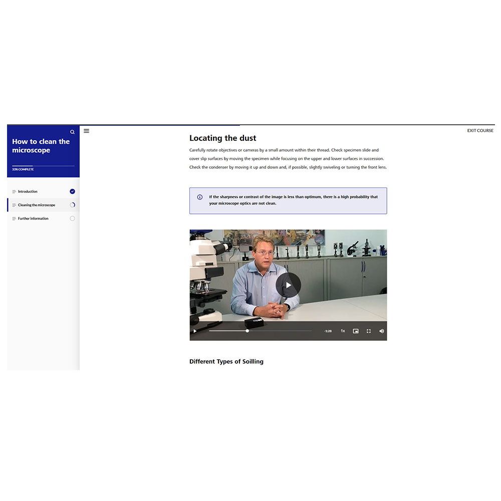 Preview showing the user interface of the e-learning on how to clean a light microscope