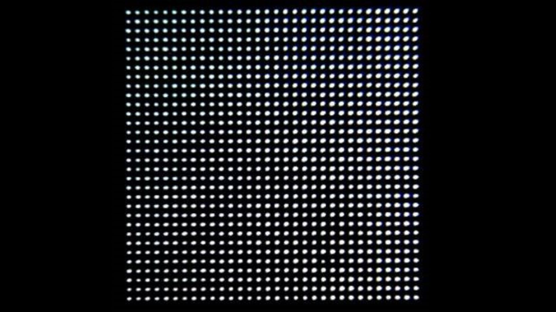 Close-up view of a grid pattern of round, uniformly spaced white dots on a black background